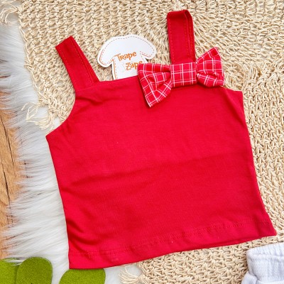 Conj. Regata com Lacinho Xadrez e Short Saia Renas - Vermelho e Branco